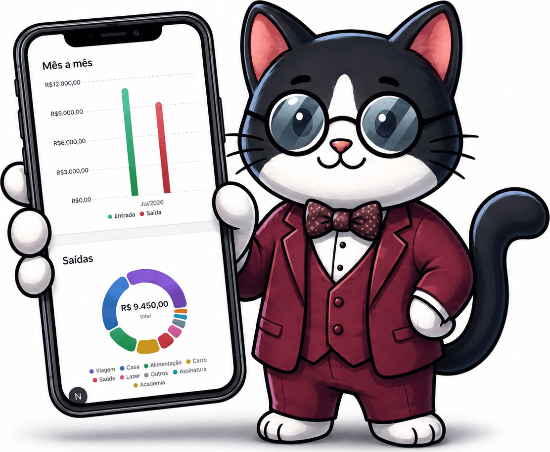 Mascote gato do Cat Labs de terno segurando um celular com o app aberto