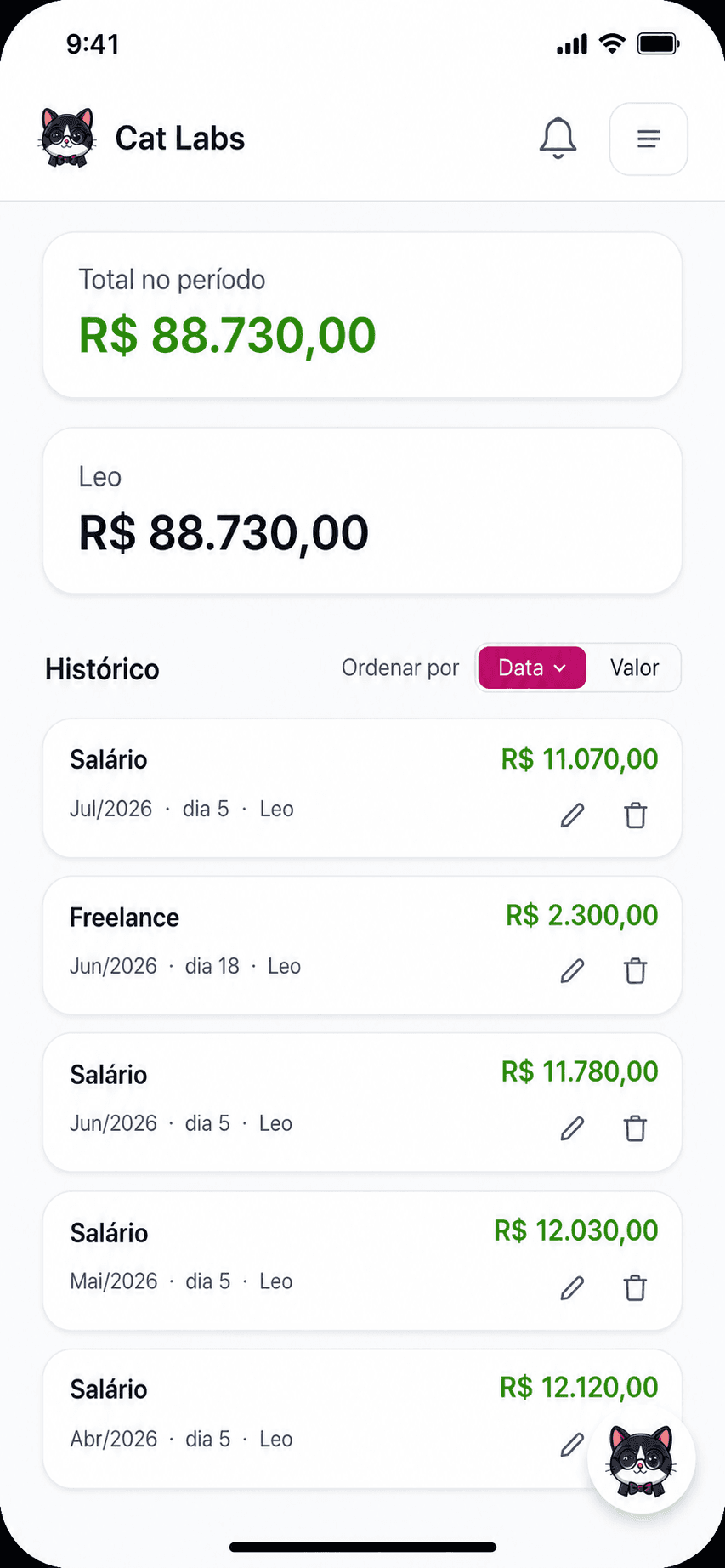 Tela de entradas do Cat Labs no celular, com total do período e histórico